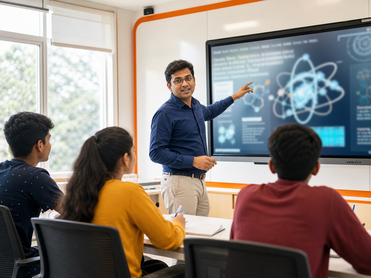 Experienced faculty member teaching with a digital screen